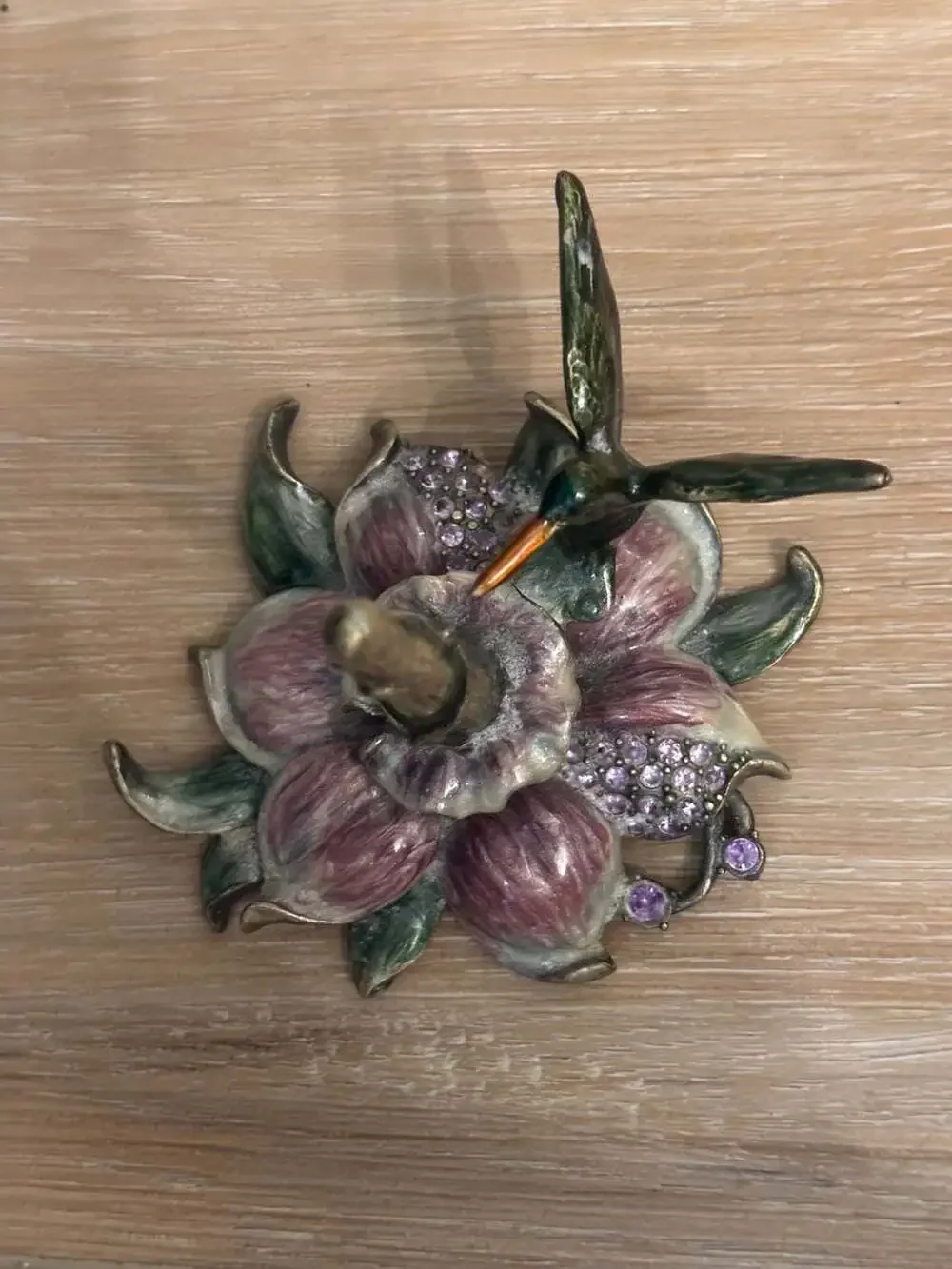 Vintage Rhinestone Hummingbird Floral Ring Holder